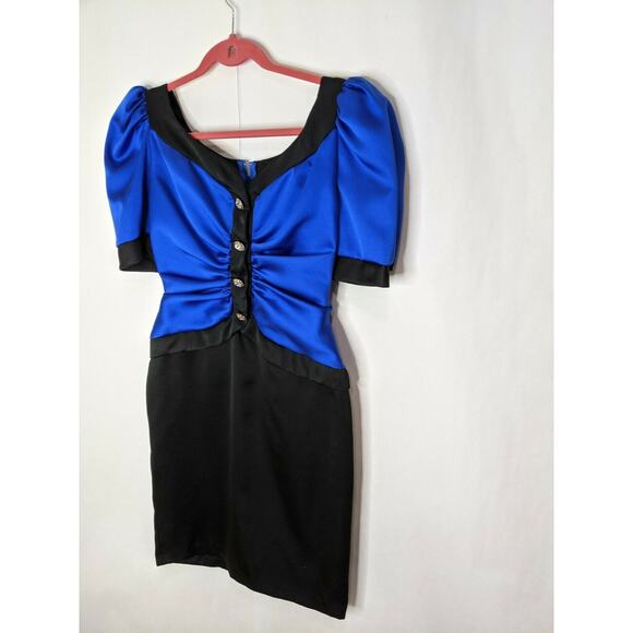 Vintage 80s Midnight Glo Dress Sz 6 Blue Black Hi-Puff Sleeve Party Cinch Waist - Picture 3 of 7